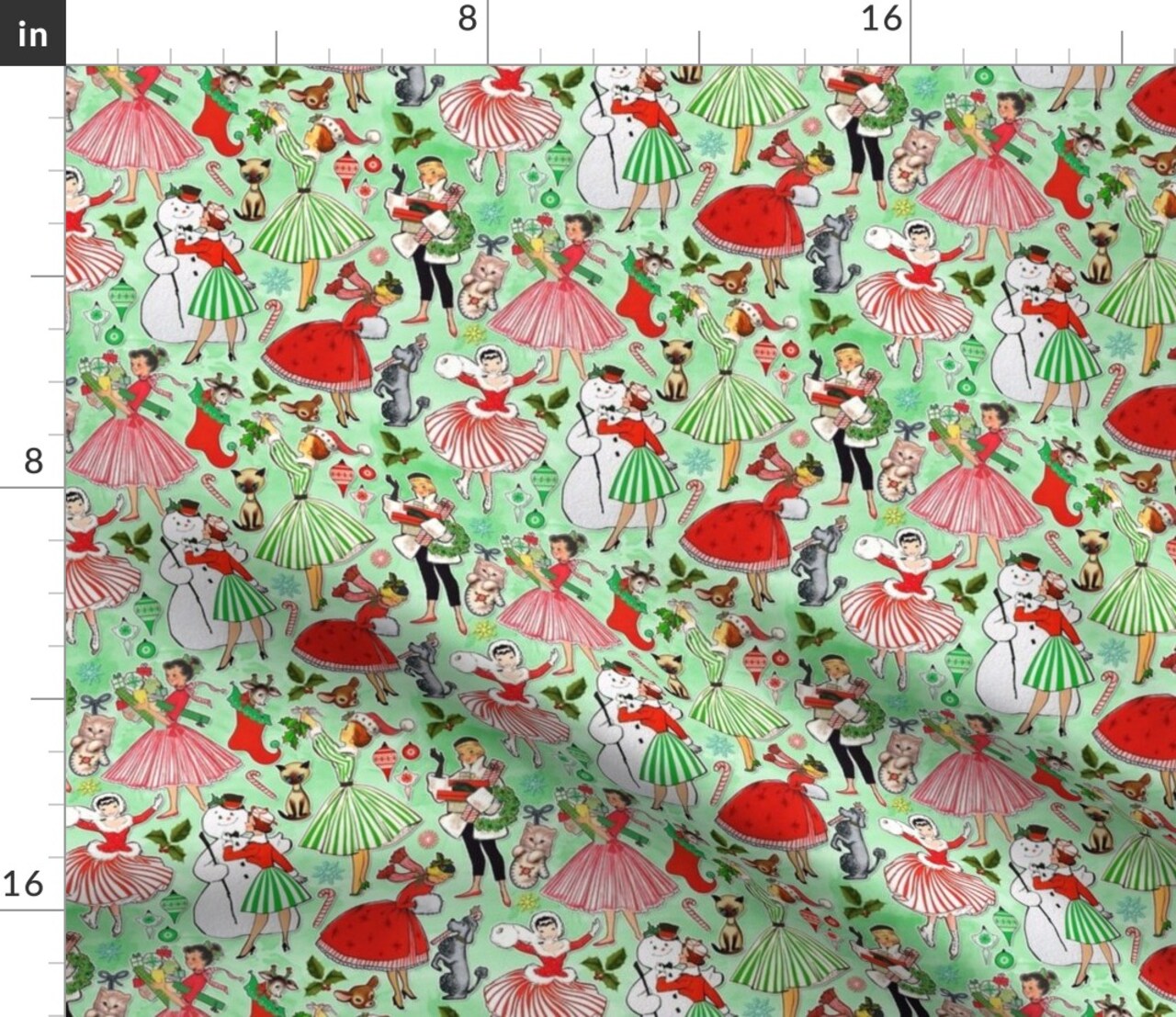 Christmas Pinup 1950S Retro Vintage Snowman Candy Canes Holiday Pin-Up Festive Winter Green Cutouts Custom Printed Fabric by Spoonflower Various Fabrics by the Yard or Fat Quarter